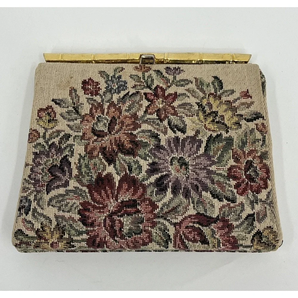 Vintage Petit Point Needlepoint Floral Clutch Bag Purse Double Sided